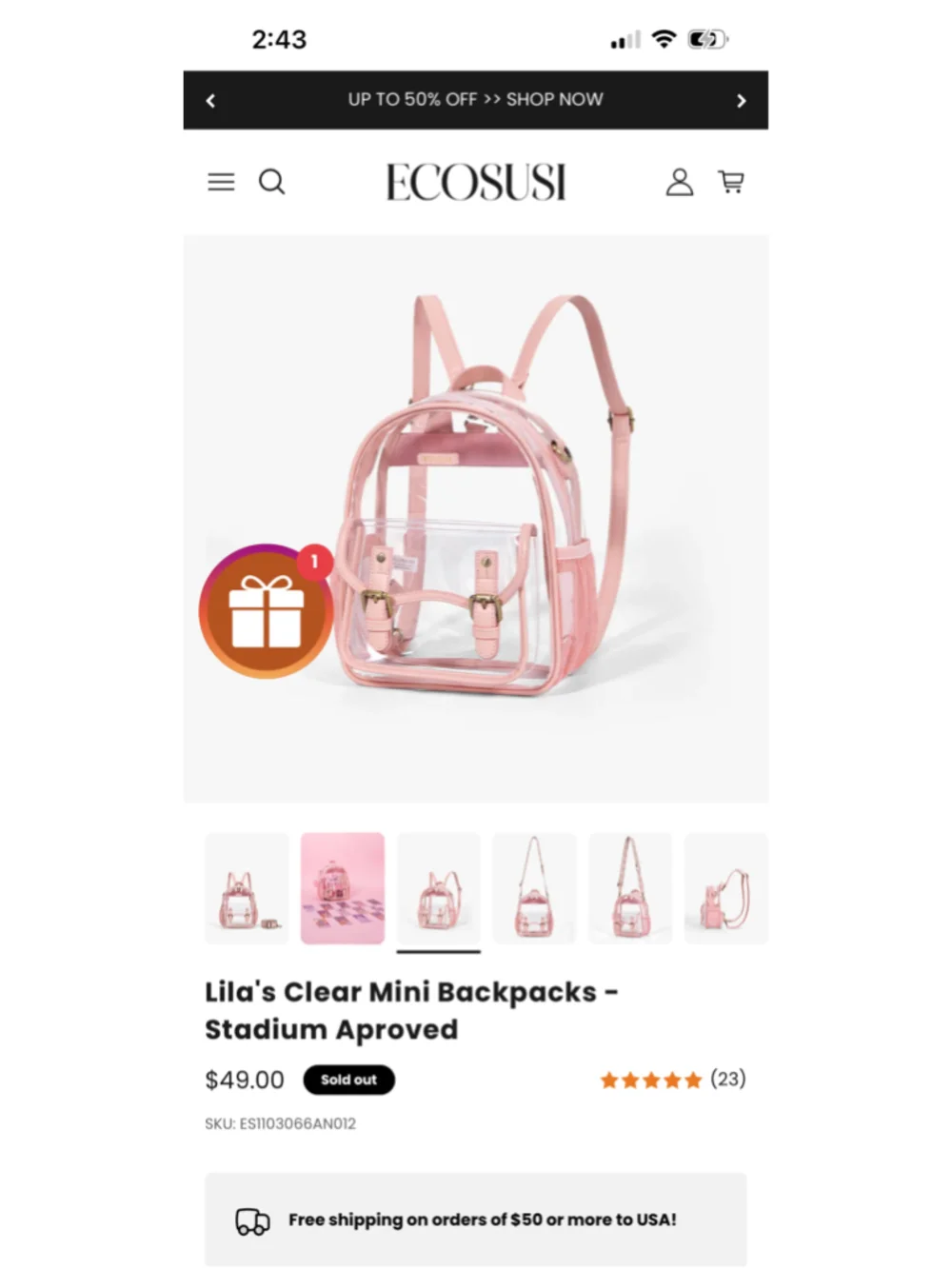 NWOT Ecosusi Lila’s Clear Mini Purple Backpack Stadium Approved.